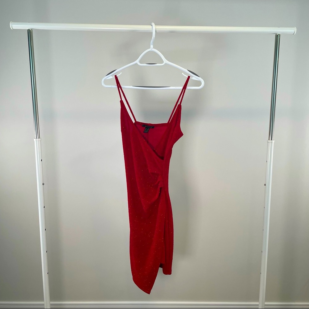 Red asymmetrical shiny bodycon v-neck dress